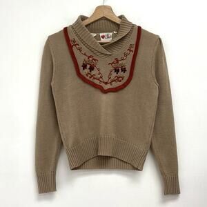 Vintage David Brett Floral Embroidery Bib Puff Sleeve Retro 70s Sweater XS*